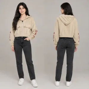 ژاکت کراپ کلاه دار زنانه ZAFUL گلدوزی هندسی